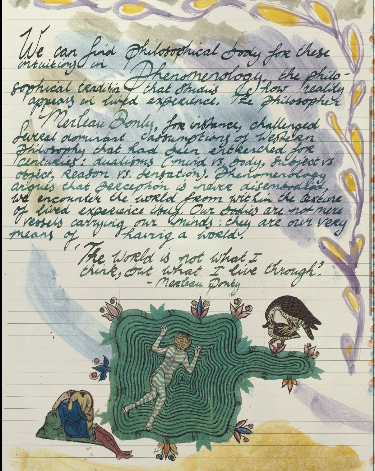 A handwritten page on phenomenology and Merleau-Ponty, with watercolour washes and a medieval illumination of a figure in a green maze