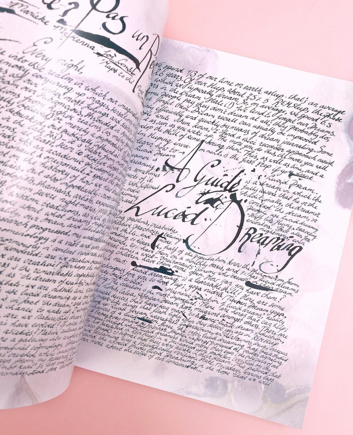 A magazine spread of dense handwriting around the calligraphic title A Guide to Lucid Dreaming
