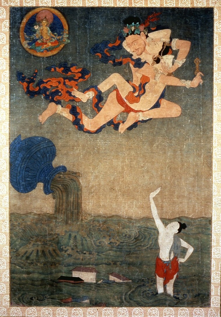 A Tibetan painting: a sage and his consort fly above a great flood, while a figure standing in the water raises his arm to halt it
