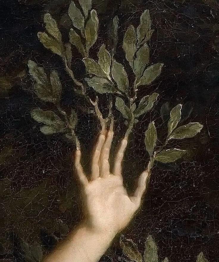 A painted hand whose fingers turn into laurel branches against a dark ground