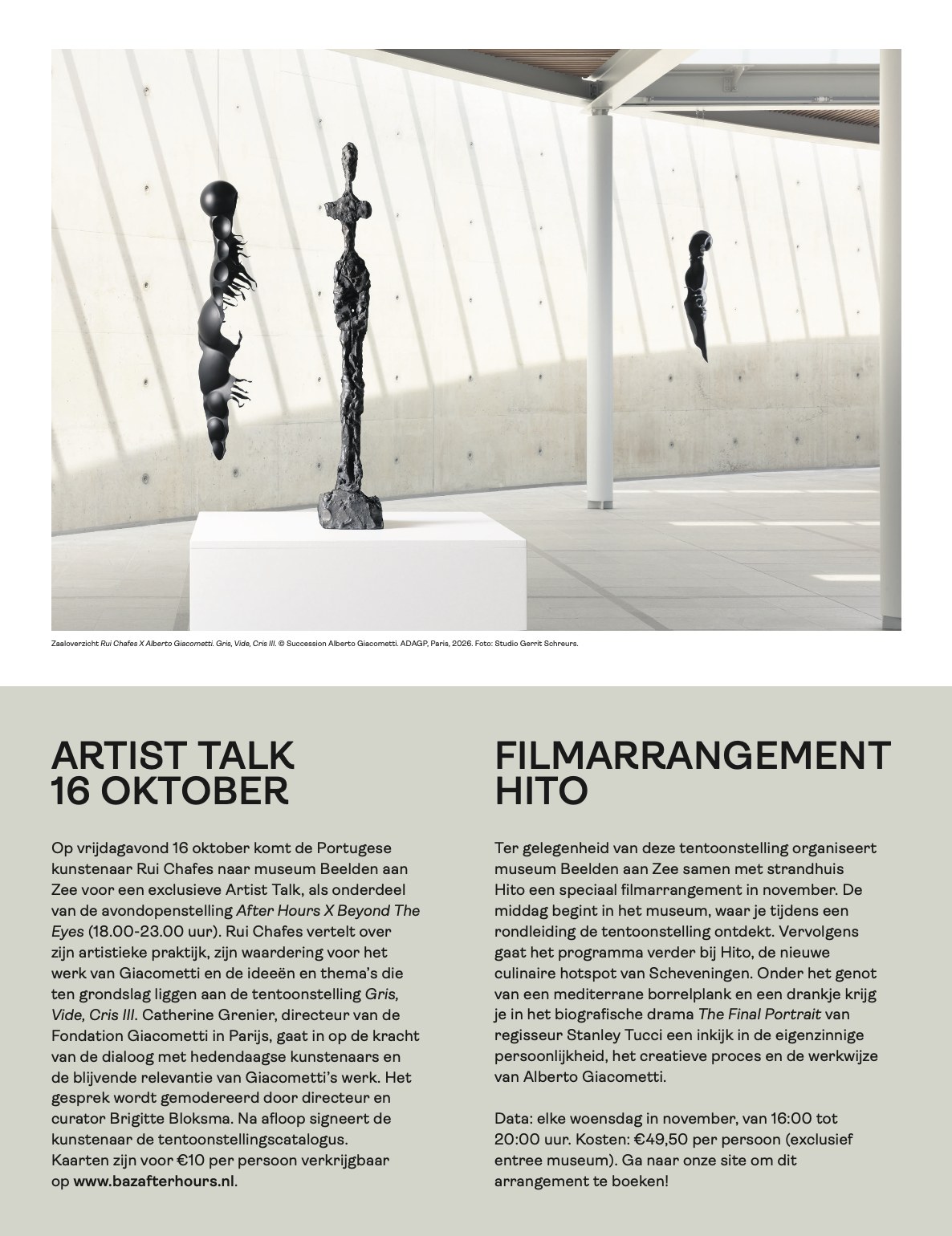 A page from a newspaper supplement: a tall, thin bronze figure by Giacometti on a white plinth between two dark hanging sculptures by Rui Chafes, above two announcements in Dutch, an artist talk on 16 October and a film arrangement at hito
