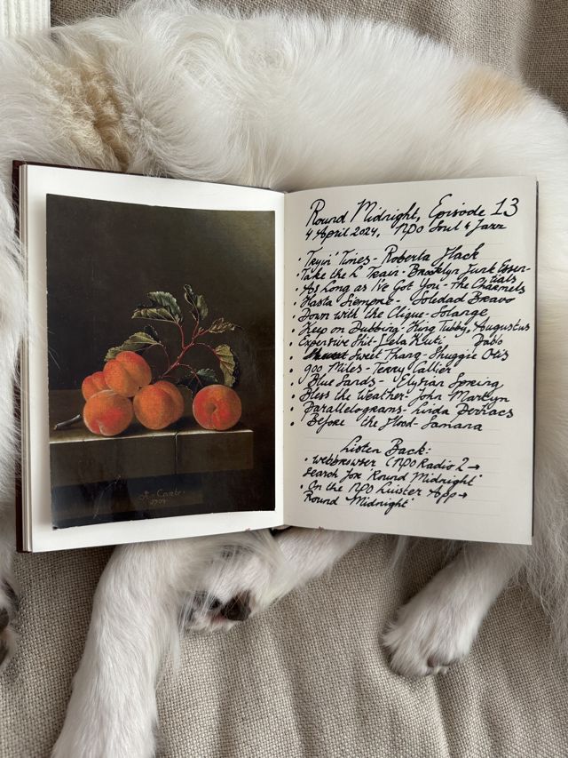 Handwritten tracklist for Round Midnight, Episode 13, 4 April 2024