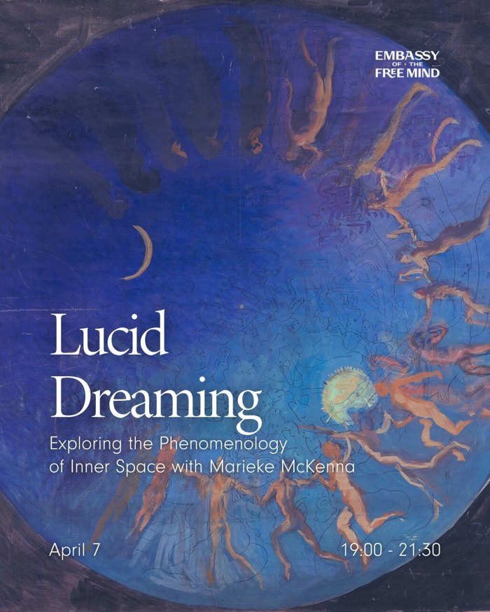 Poster for the Lucid Dreaming workshop at the Embassy of the Free Mind: a painted night sky with a crescent moon and a ring of floating figures