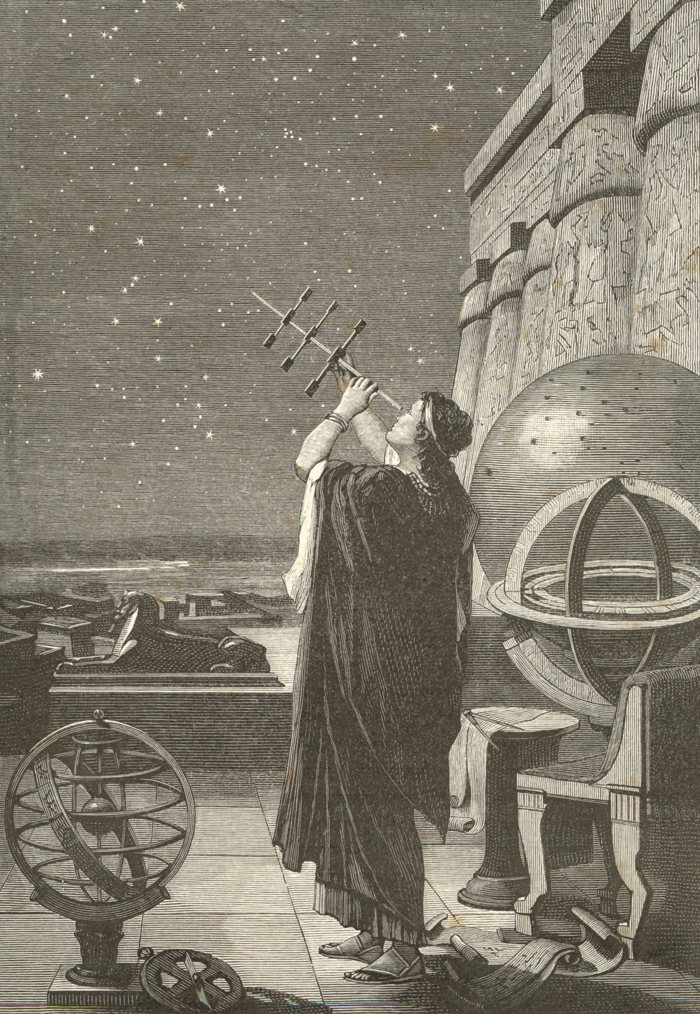 Engraving of the astronomer Hipparchus on an observatory terrace at night, measuring the stars, beside an armillary sphere and a sphinx