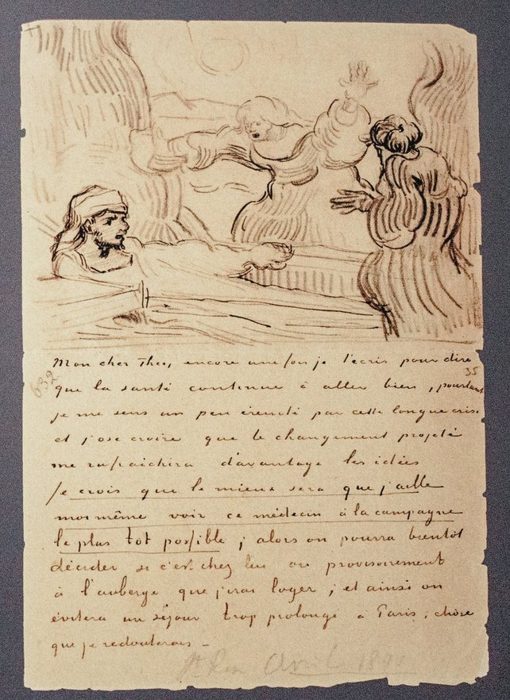 A page of a handwritten letter by Vincent van Gogh with a sketch