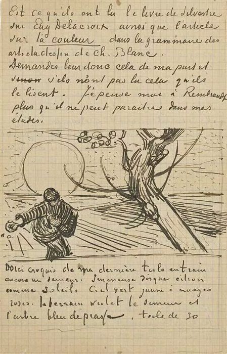 A page of a letter by Vincent van Gogh with a drawing of a figure and sun